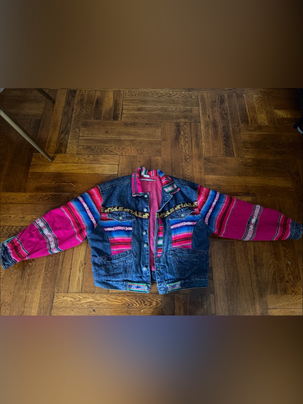 Women's Denim Jacket with Pink Striped Textile Panels